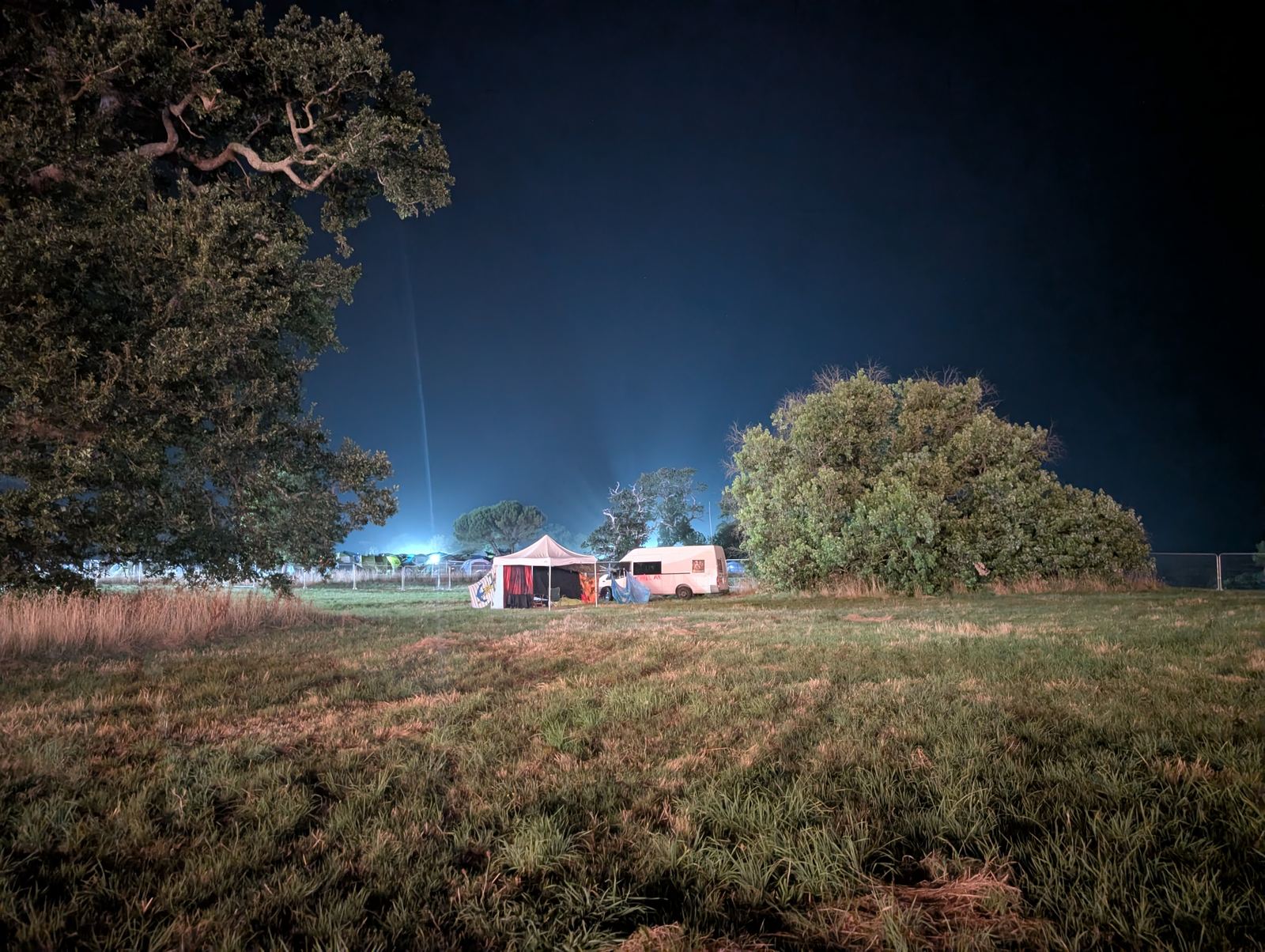The Chillspace at dusk, gazebo lit up under trees