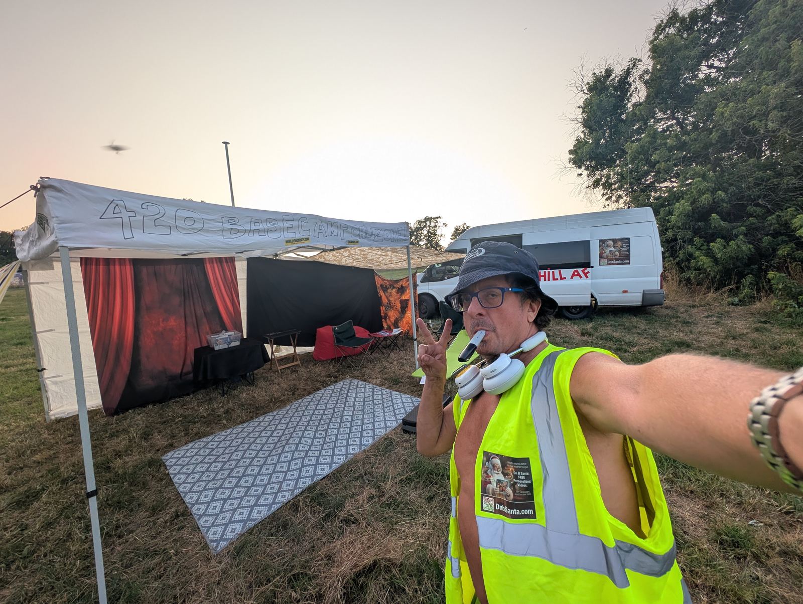 Doc at the 420 Basecamp Chillspace, gazebo set up at a UK festival